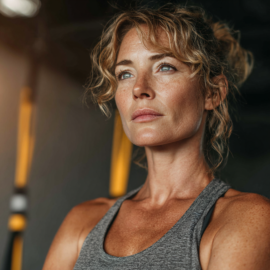 Confident woman in her late 40s performing functional training exercises with resistance bands, determined look, bright gym setting