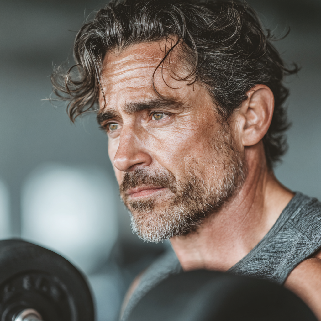 Mature athletic man in his 40s doing strength training with dumbbells in modern gym, focused expression, professional fitness environment