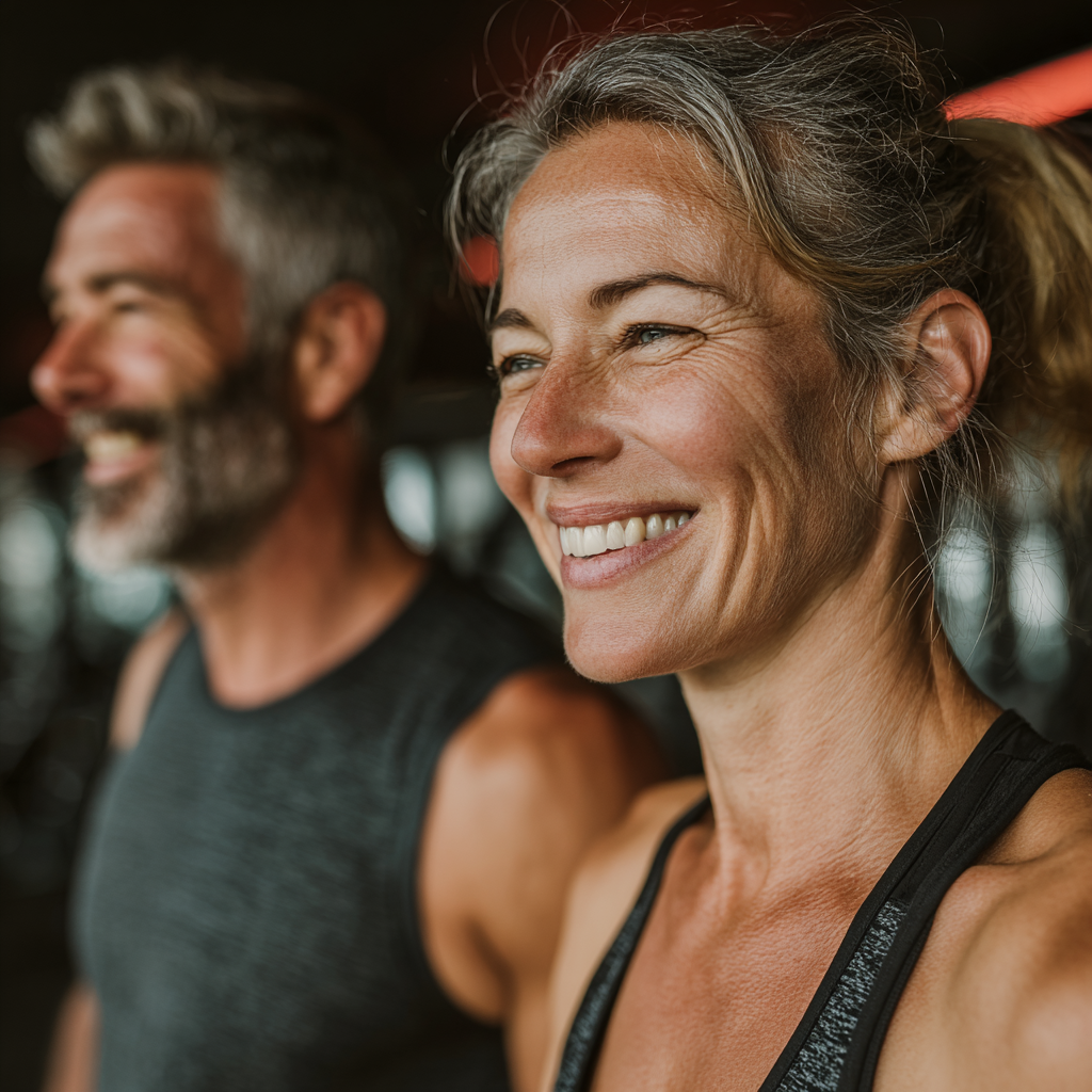 Middle-aged athletic couple in their 50s working out together with personal trainer, smiling and motivated, modern fitness studio